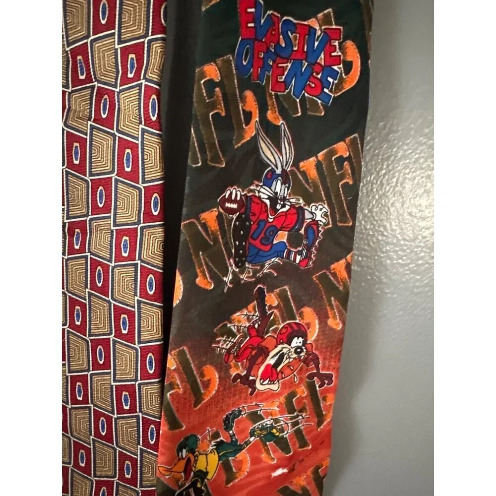Lot of 6 Men’s Neckties Satin NFL & Cartoon Prints Mixed Pattern Retro Y2K work